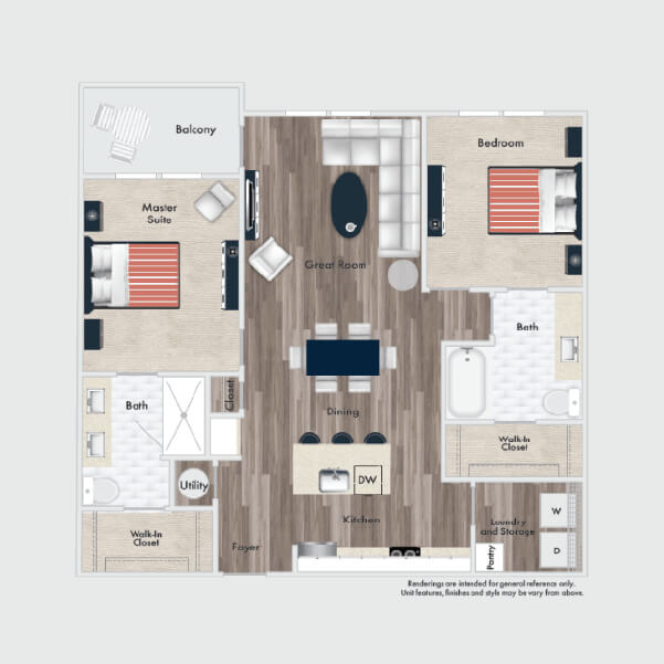 B1 Standard floor plan, 2 beds, 2 baths