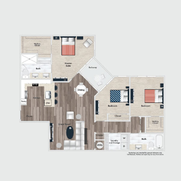 C1 floor plan, 3 beds, 2 baths