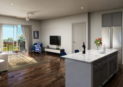Living room rendering with granite countertops and wood floors.